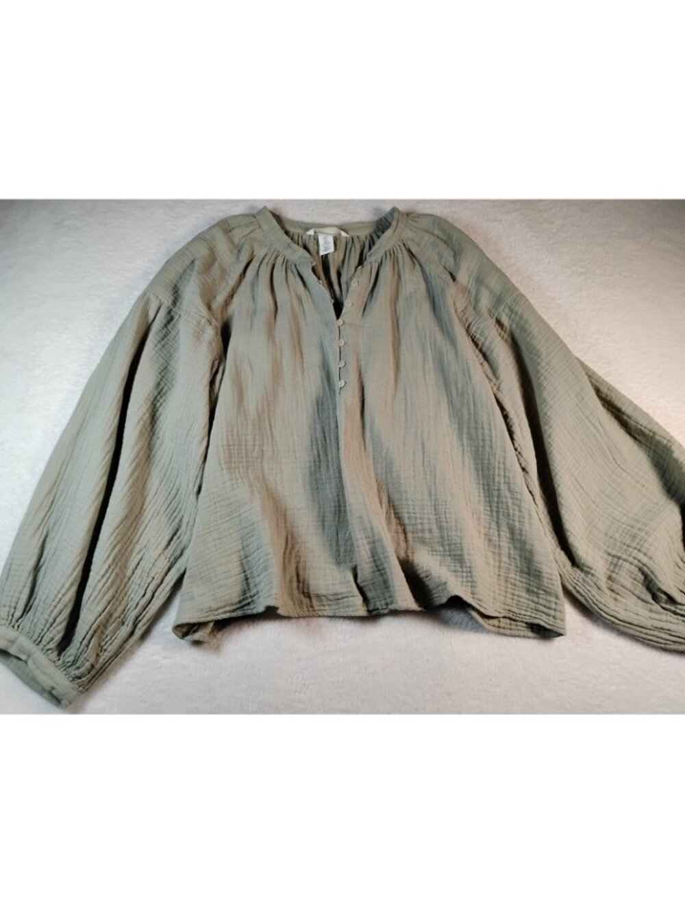 H & M Womens Cotton Gauze Top Boho Peasant Puff Sleeve Pullover Size M Sage